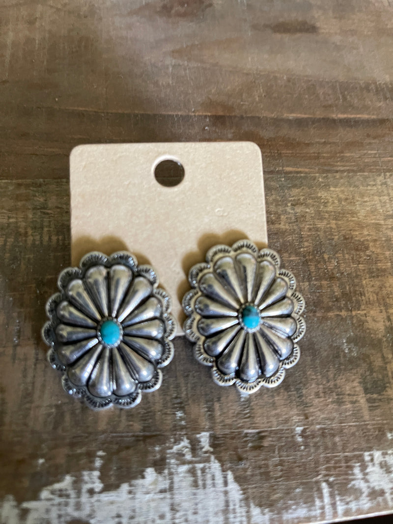 Concho Flower Gem Stone Stud Earrings